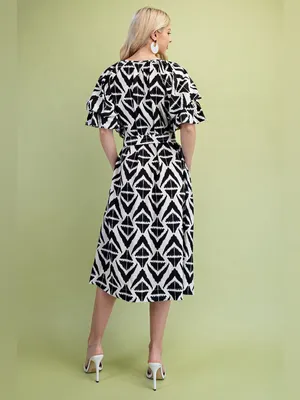 Black & White Geometric Midi Dress with Belt L new thumbnail 4