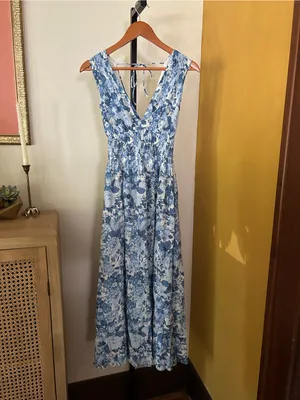 Abercrombie & Fitch Crinkle Shirred Waist Maxi Dress Floral Blue White‎ NEW XS thumbnail 5