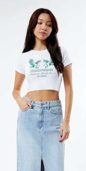 Budweiser PacSun Eagle Graphic Raglan Crewneck Raw Hem Cropped Baby Tee T-Shirt thumbnail 1