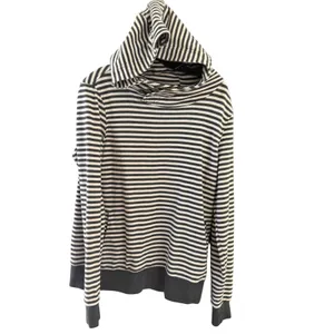 BKE Womens Striped Asymmetrical Button Neck Hoodie Sweatshirt Grey‎ White Large thumbnail 2