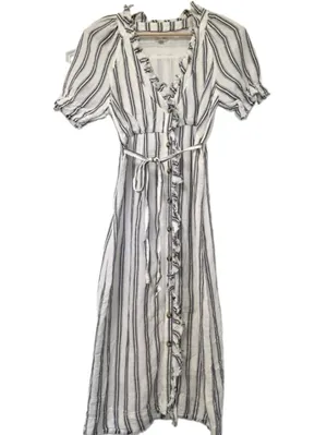 Anthropologie Linen Blend Striped Midi Dress Size 2 Cottagecore Prairie Blk Whit thumbnail 2