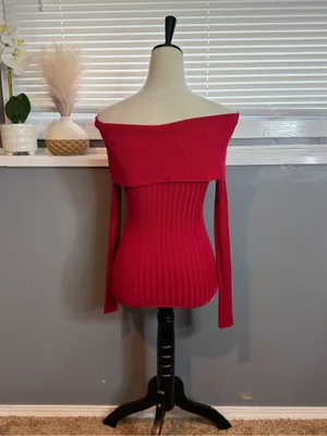 Source Unknown Off-the-Shoulder Ribbed Sweater Top in Red thumbnail 5