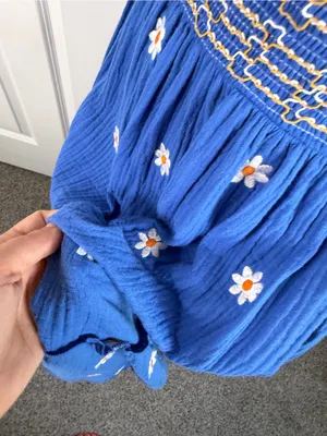 Boutique Sz S Blue Daisy Smocked Tie Strap Tiered Maxi Dress Cottagecore thumbnail 10