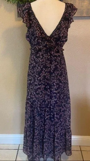Lulus NWOT Darling Daydream Navy Blue Floral Print Ruffled Maxi Dress thumbnail 1