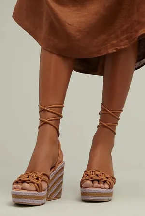 Anthropologie Raffia Purple Brown Woven Espadrille Platform Lace Up Sandals 9 thumbnail 1