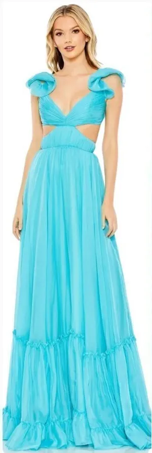Mac Duggal 70254 Womens Blue Ruffled Shoulder Cut Out Lace Up Gown Dress thumbnail 1