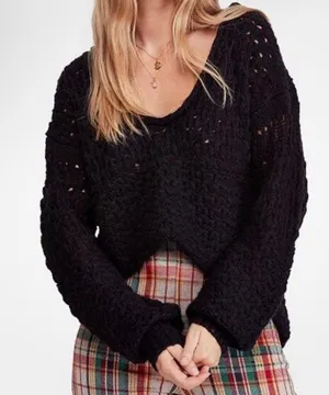 Free People Best Of You V-Neck Sweater Black Open Knit Slouchy Boho XS thumbnail 1