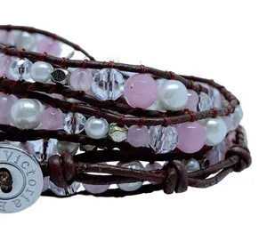 Victoria Emerson Brown Leather Wrap Bracelet With Pink Pearls thumbnail 4