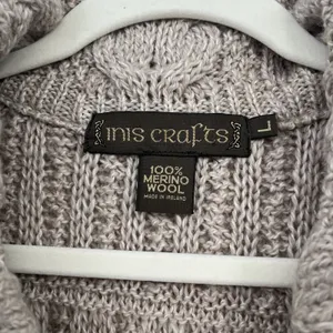 inis crafts merino 100% wool Sweater L Tan Long Full Zip Cable Knit Ireland Boho thumbnail 3