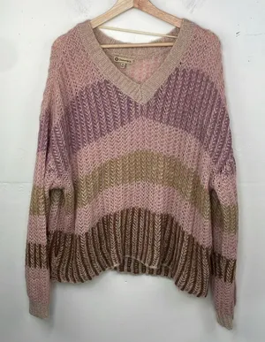 Democracy Chunky Knit V Neck Striped Relaxed Fit Sweater Pullover size XL thumbnail 1