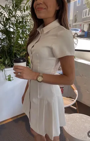 Zara mini dress pleated skirt collar button up ivory casual classic old money thumbnail 12