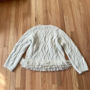 Cream Cable Knit Fringe Sweater Womens Small Cozy Coastal Grandma Quiet Luxury thumbnail 9
