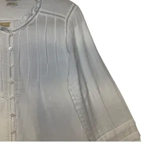 Faherty Willa Blouse White Organic Cotton Pintuck Ruffle Button Front Top Small‎ thumbnail 7