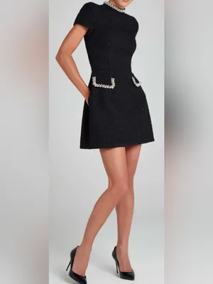 NEW NADINE MERABI Simone Embellished Trim Shimmer Tweed Black Minidress Sz 8 thumbnail 3