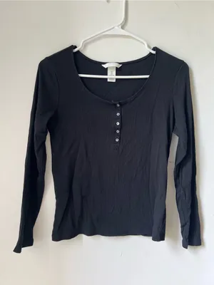 H&M Women’s Large Black Ribbed Henley Top Long Sleeve Button Front Cotton thumbnail 3