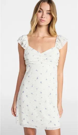 No Boundaries NWT Sz S Double Ruffle Ruched Mini Dress Winter White Floral thumbnail 1
