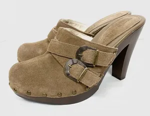 Dana Buchman y2k Tan Suede Buckle & Stud Accent Clog Mules thumbnail 1