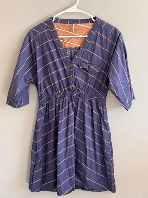 Arbor Organic Cotton Striped V-Neck Roll Tab Sleeve Dress Medium thumbnail 1