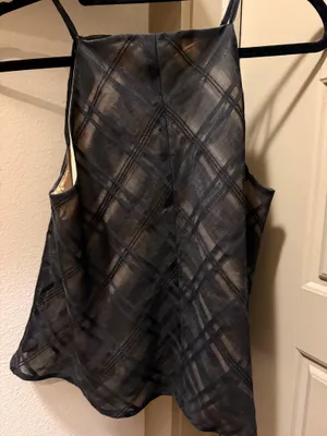 Ruffle Halter Neck Sheer Plaid Tank Blouse Black thumbnail 3
