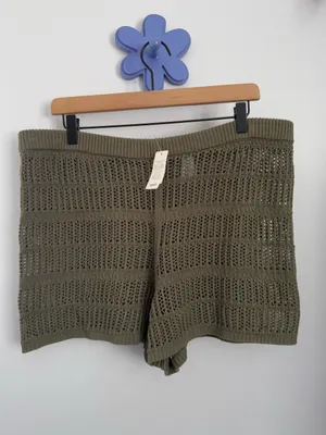 Aerie XL NEW Crochet Open Knit Shorts Olive Green Resort Vacation Tropical thumbnail 3