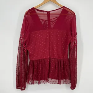 BKE Boutique Burgundy‎ Lace Up Long Sleeve Polka Dot Sheer Top Size L Coquette thumbnail 2