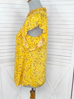 Loft Floral Flutter Sleeve Ruffle‎ Collar Blouse Top Yellow Small Cottageore thumbnail 2