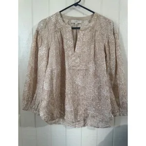 LOFT Womens Tan White Floral Metallic Shimmer Split Neck Blouse Size S thumbnail 2