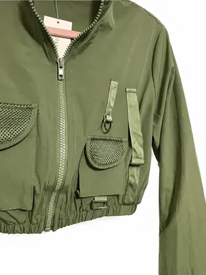 NWT Hot & Delicious Cropped Utility Cargo Jacket Small Olive Green Mesh Pockets thumbnail 4