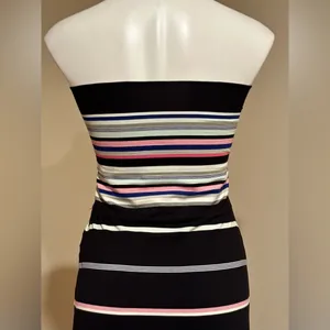 White House Black Market strapless Black Multi Color Stripes Slits Both Side SZ thumbnail 6