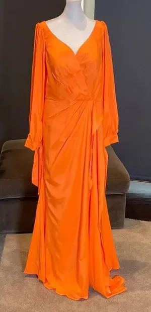Women’s Orange Full Length Long Sleeve Dress Leg Slit Corset Back Size 14 *READ thumbnail 1
