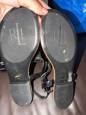 Ralph Lauren Black T-Strap Leather Sandals with Tan Footbed thumbnail 4