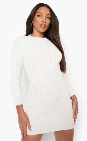 Boohoo White Ribbed Knit Crew Neck Long Sleeve Sweater Mini Bodycon Dress Size S thumbnail 1