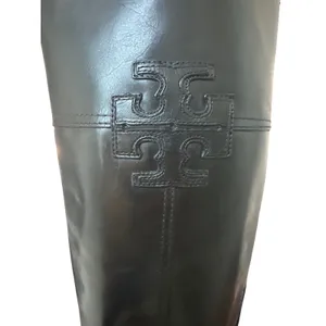 Tory Burch Black Leather Riding Boots Embossed Double T Logo Size 8 thumbnail 10