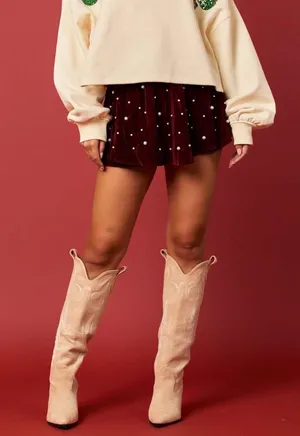 Peach Love Wine Red Velvet Pearl Studded Skort thumbnail 2