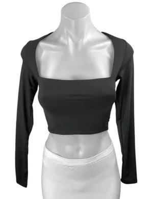 NEW Qinsen Women's Black Square Neck Long Sleeve Slim Stretch Crop Blosue Top S thumbnail 1