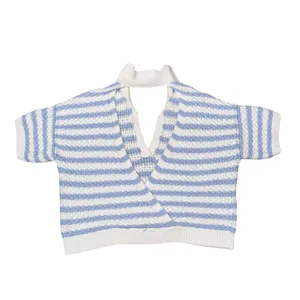 Maeve Anthropologie Knit Polo Top Womens Large Blue White Striped Surplice Back thumbnail 5