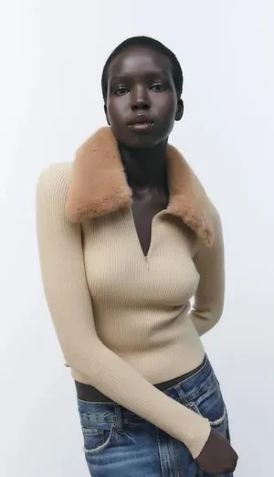 NWT!! ZARA Faux Fur Lapel Knit Sweater Tan‎ Light Brown Zipper Pullover Small thumbnail 1