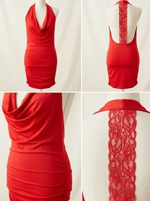 Red Halter Cowl-Neck Backless Lace-Strip Dress thumbnail 2
