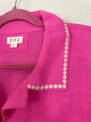 POL Bright Pink Embroidered Puff Short Sleeves Button-Front Blouse Size Large thumbnail 4