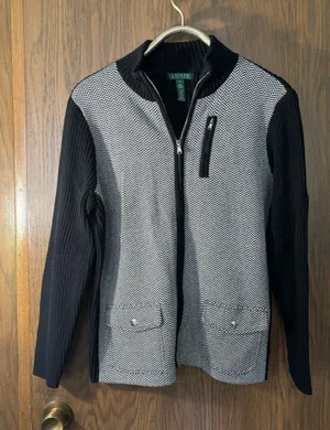 Lauren Ralph Lauren Cardigan Sweater Black White Herringbone thumbnail 1