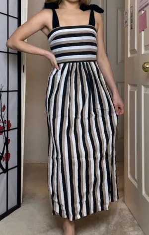 ZARA Beige, White, & Black Striped Self-Tie Strap Midi Dress thumbnail 1