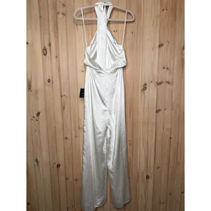 NWT Lulus Adoring Angel Ivory Satin Wide-Leg Halter Jumpsuit Luxurious Soft Sz S thumbnail 2