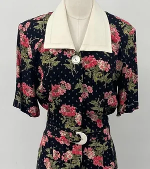 Vintage 80s Floral Shirtdress Button Down Belted Maxi Union Made Black Pink XS thumbnail 3
