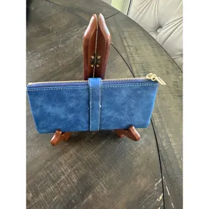 Friend Blue Faux Suede Long Bifold Wallet Gold Tone Hardware Zipper Pocket thumbnail 4