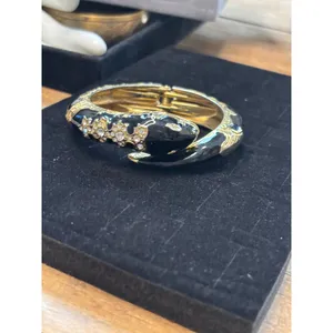 Gold & Black Snake-Inspired Hinged Bangle Bracelet With Rhinestone Embellishment thumbnail 10