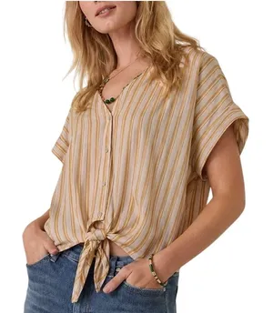 Anthropologie Cloth & Stone Yellow Striped Front Tie Crop Top Shirt thumbnail 1