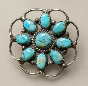 Vintage‎ Navajo Sterling Silver Turquoise Cluster Brooch Pin JW MS Signed 1.5in thumbnail 1