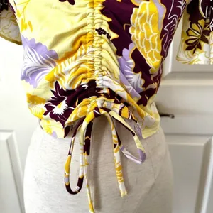 Maeve Anthropologie cinched yellow floral flutter sleeve tie top thumbnail 4