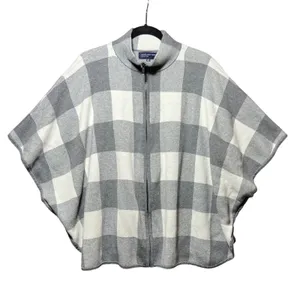 Jones‎ New York Sweater Poncho Cape Grey White Buffalo Plaid Full Zip Front L/XL thumbnail 1