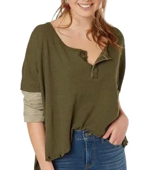 FREE PEOPLE Women's Small Star Oversized Henley Top Army Green Boho Distressed thumbnail 1